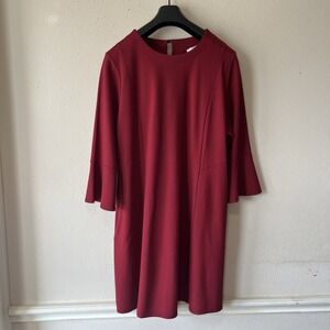 J.Jill Ponte  Knit Shift Dress 3/4 Bell Sleeve  Red Round Neck XL Holiday Career